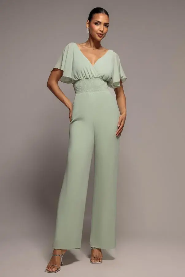 Chiffon Jumpsuit With Flutter Sleeves - Sage Green by Goddiva