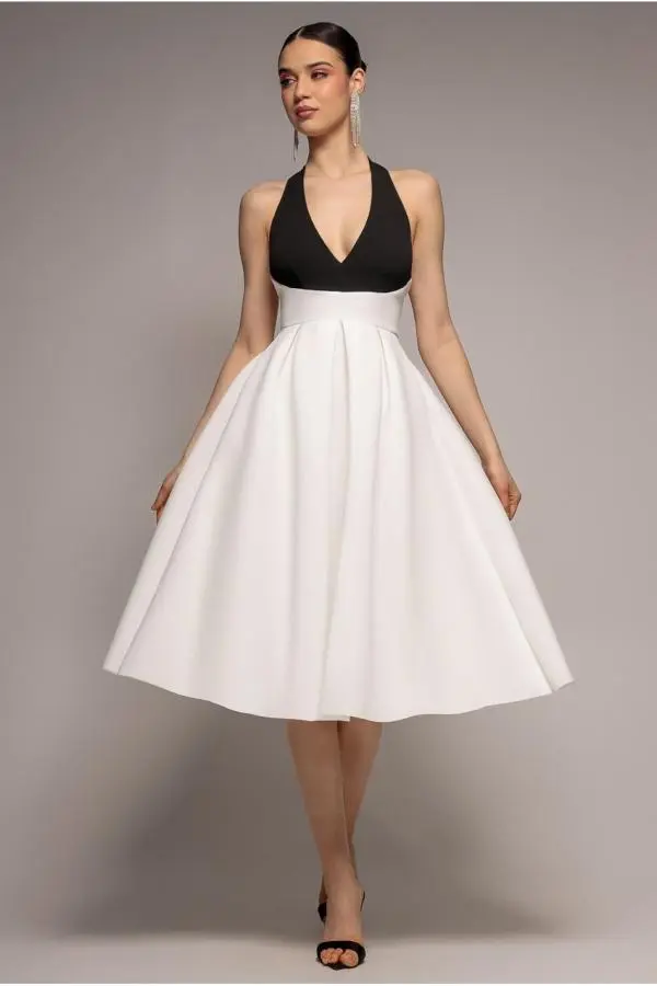 Contrast  Halter Neck Pleated A Line Midaxi Dress - Black Cream by Goddiva