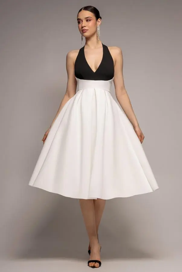 Contrast  Halter Neck Pleated A-Line Midaxi Dress - Black Cream by Goddiva