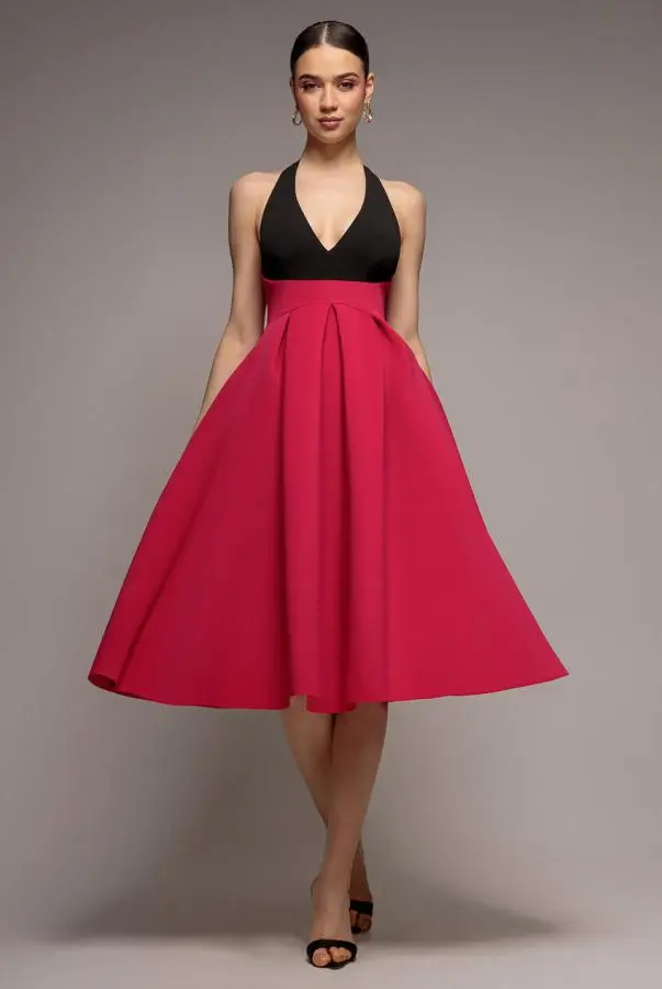 Contrast  Halter Neck Pleated A-Line Midaxi Dress - Black Magenta by Goddiva