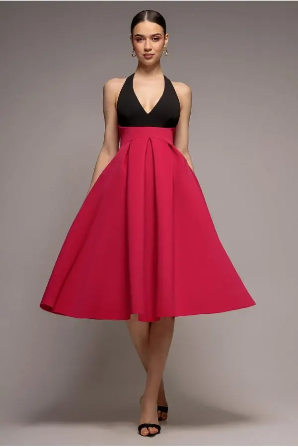 Contrast  Halter Neck Pleated A-Line Midaxi Dress - Black Magenta by Goddiva
