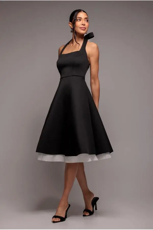Contrast Organza Frill Bow Back Halter Midi Dress - Black Cream by Goddiva