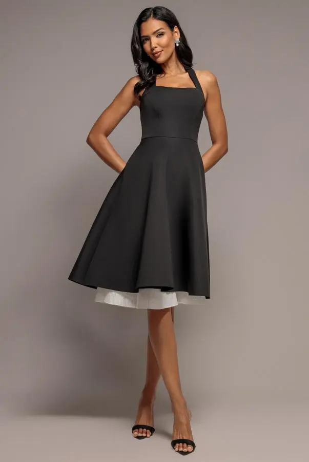 Contrast Organza Frill Bow Back Halter Midi Dress - Black Cream by Goddiva