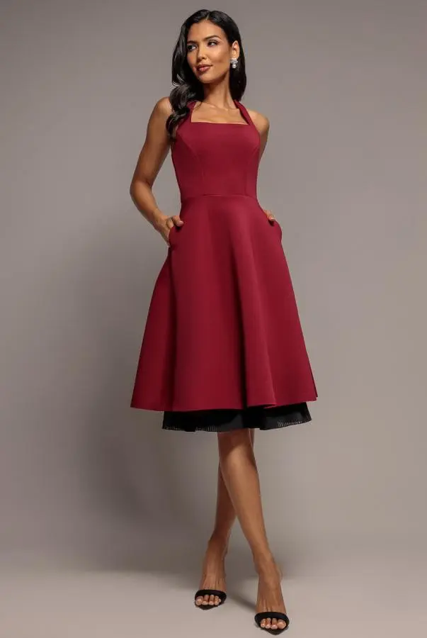 Contrast Organza Frill Bow Back Halter Midi Dress - Burgundy Black by Goddiva
