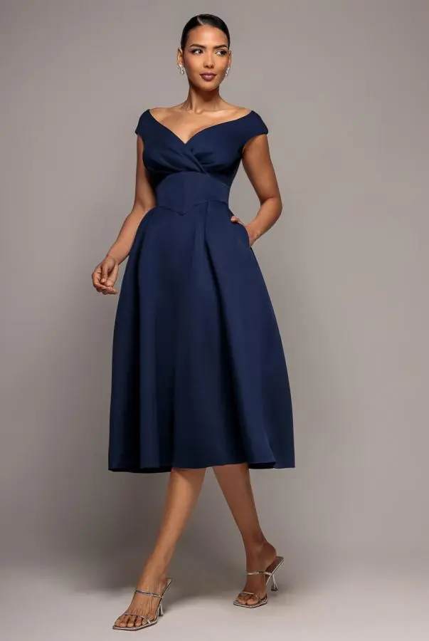 Corset Fit & Flare Midi Dress - Navy by Goddiva