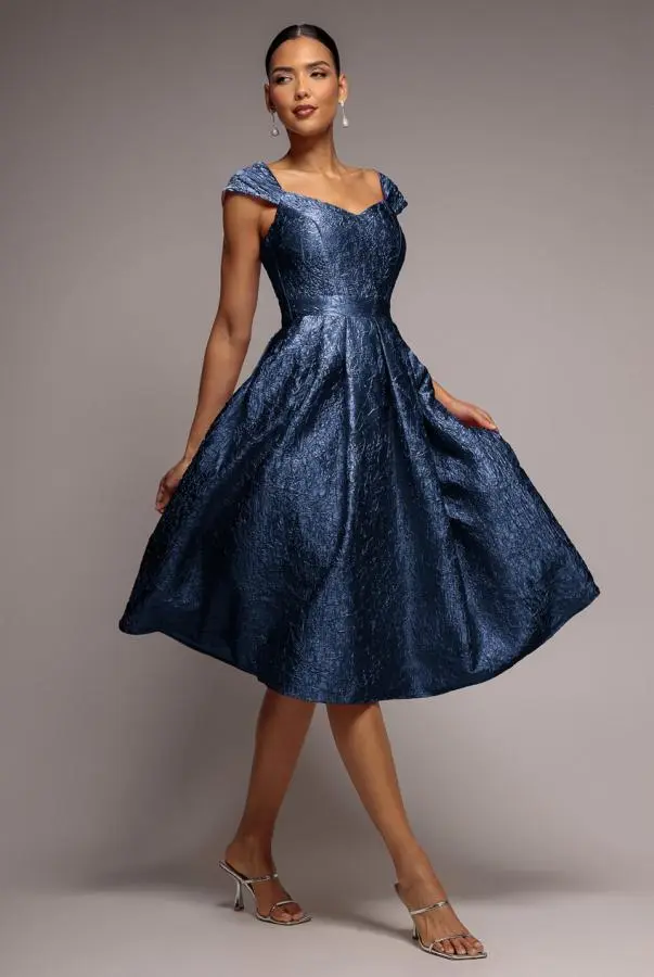 Crushed Satin Sleeveless A Line Midi Dress - Navy Blue by Goddiva
