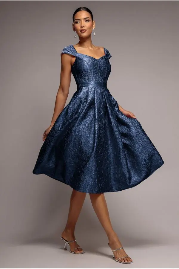 Crushed Satin Sleeveless A Line Midi Dress - Navy Blue by Goddiva