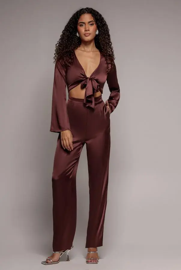Cut Out Satin Jumpsuit - Brown by Goddiva