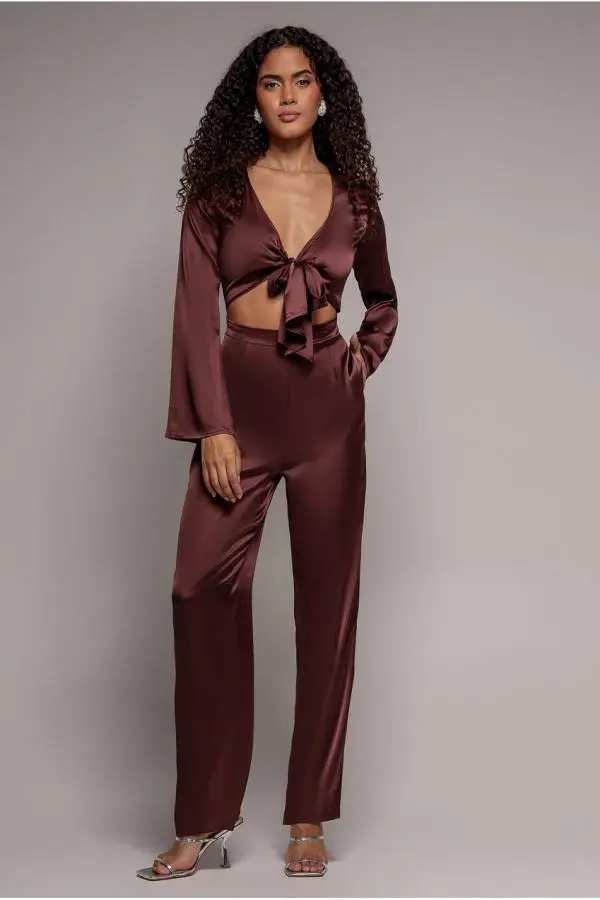 Cut Out Satin Jumpsuit - Brown by Goddiva