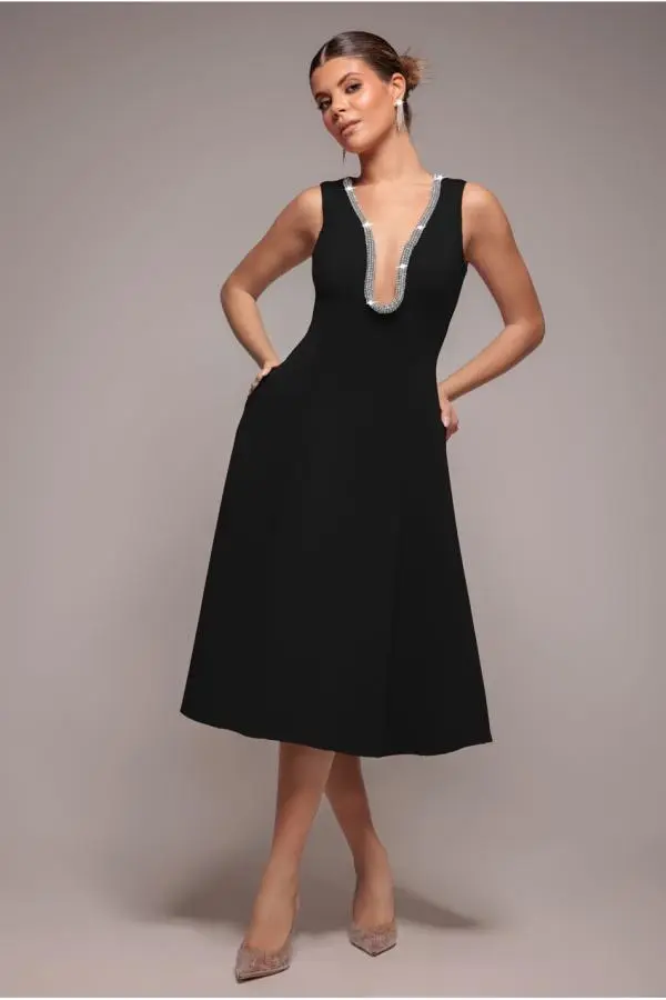 Diamante Embellished Neck A-Line Midi Dress - Black by Goddiva