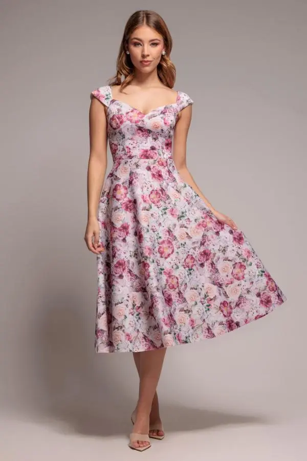 Floral Print A-Line Sweetheart Midi Dress - Blush Pink by Goddiva