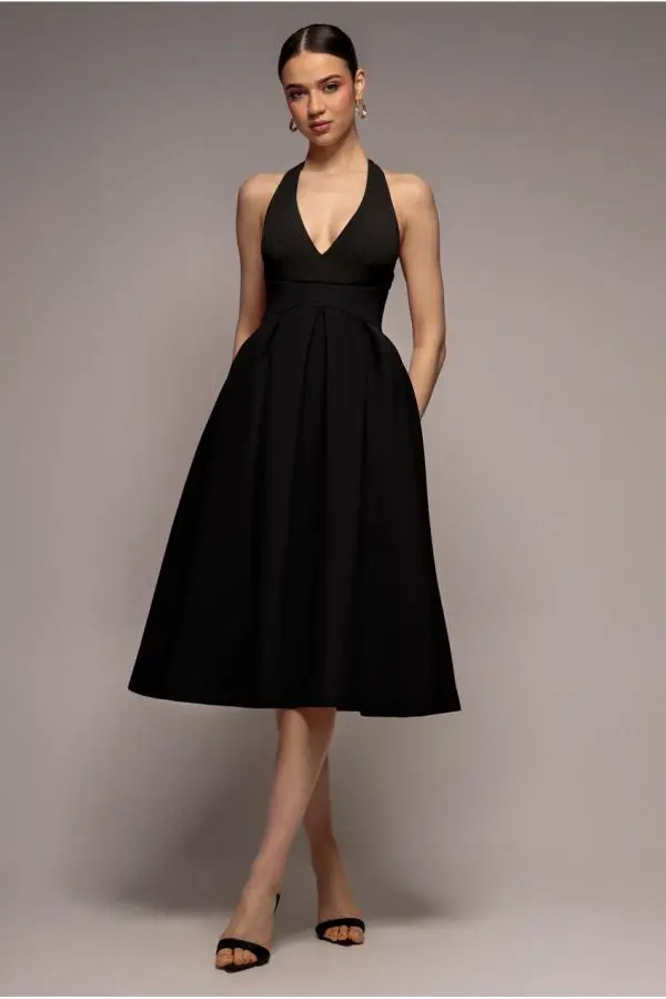 Halter Neck Pleated A-Line Midaxi Dress - Black by Goddiva
