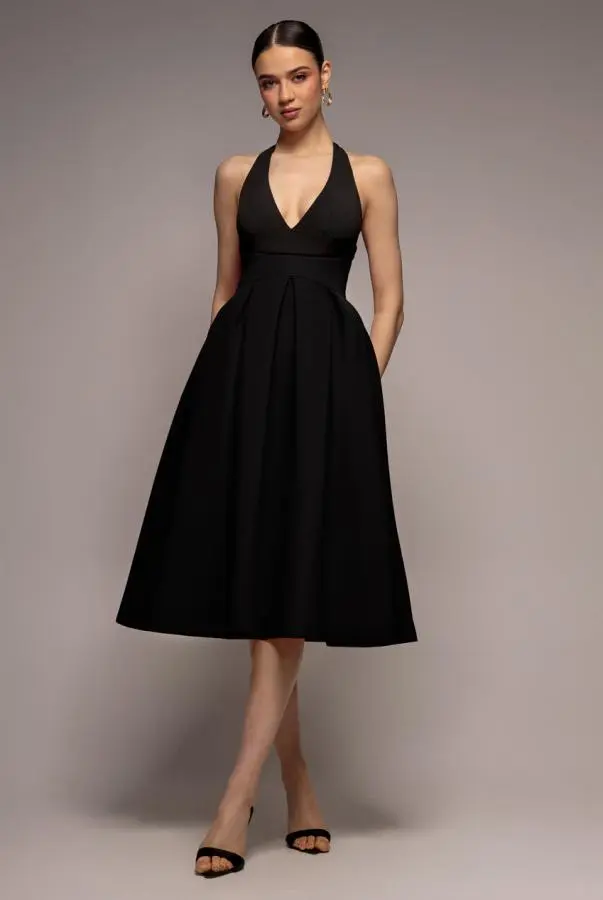 Halter Neck Pleated A-Line Midaxi Dress - Black by Goddiva