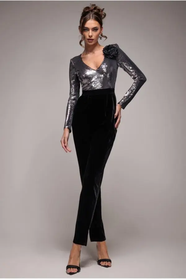 Liquid Sequin Jumpsuit With Corsage - Silver by Goddiva