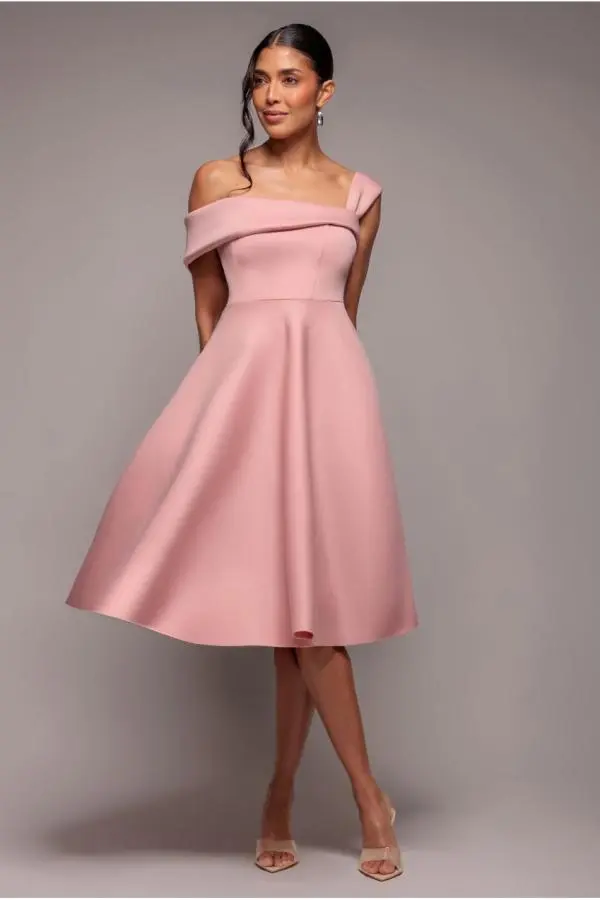 One Shoulder A Line Midi Dress - Blush Pink by Goddiva