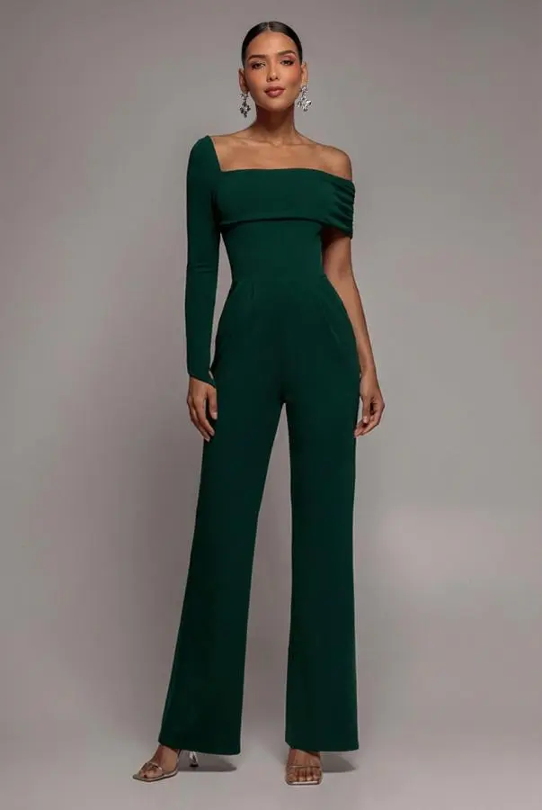 One Shoulder Scuba Jumpsuit - Emerald Green by Goddiva