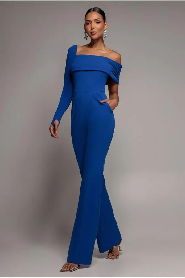 One Shoulder Scuba Jumpsuit - Royal Blue by Goddiva