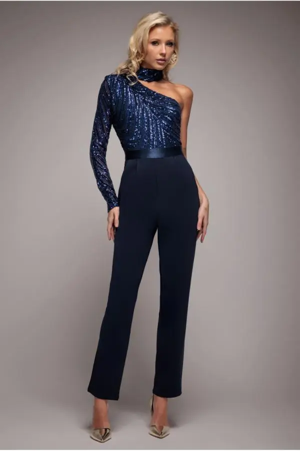 One Shoulder Sequin Jumpsuit - Navy by Goddiva