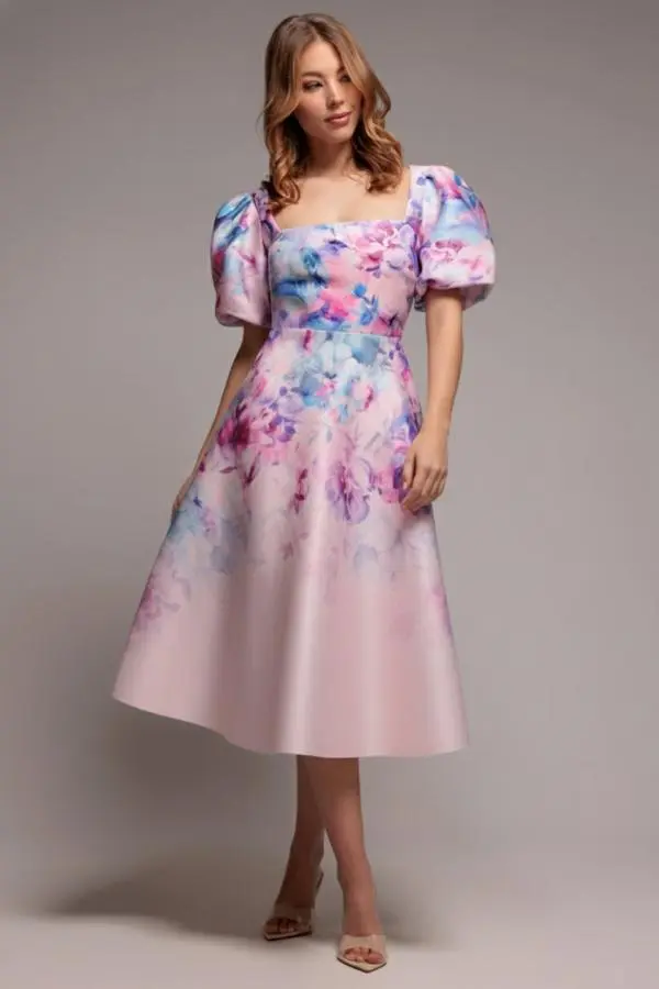 Printed Scuba Square Neck Puff Sleeve Midi Dress - Blush Pink by Goddiva