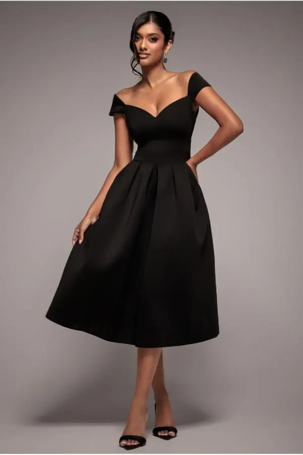 Scuba Foam Skater Midi Dress - Black by Goddiva