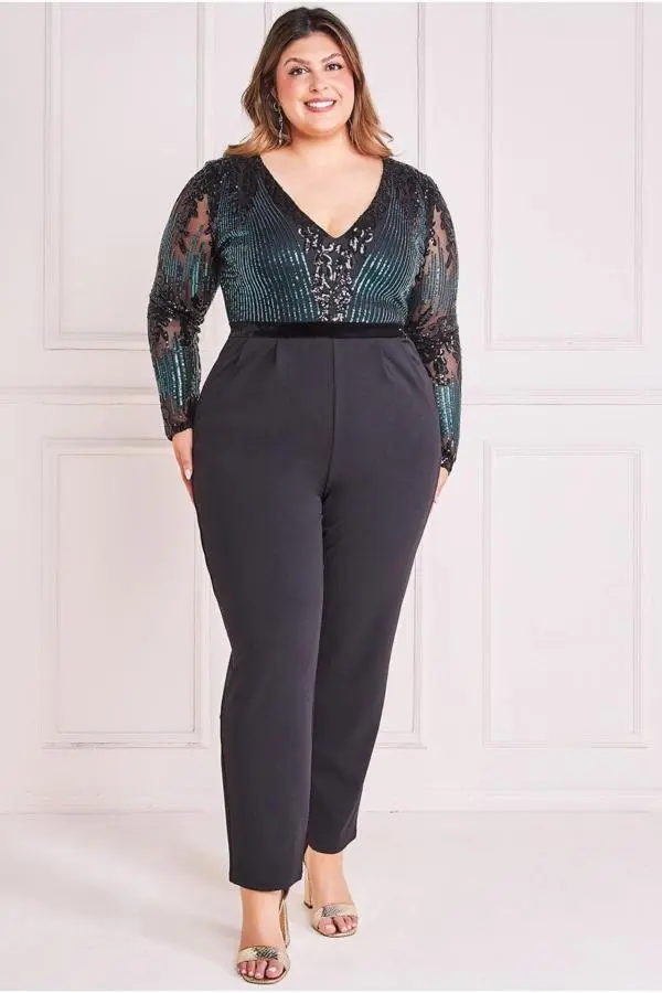 Sequin & Mesh Jumpsuit - Emerald Green by Goddiva Plus