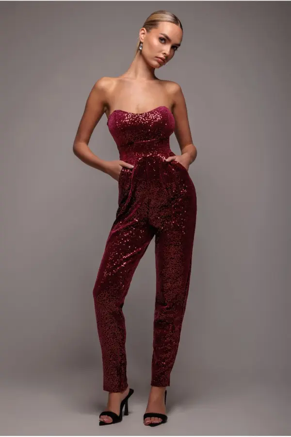 Sequin & Velvet Corset Jumpsuit - Wine by Goddiva