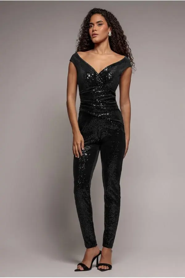 Sequin Velvet Bardot Jumpsuit - Black by Goddiva