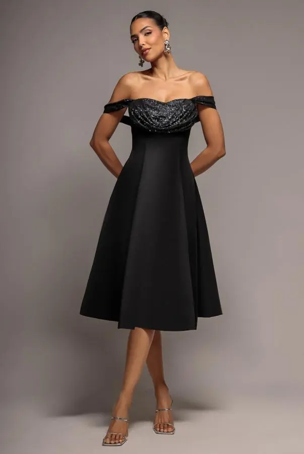 Sparkle Chiffon Cowl Bardot Skater Midi Dress - Black by Goddiva