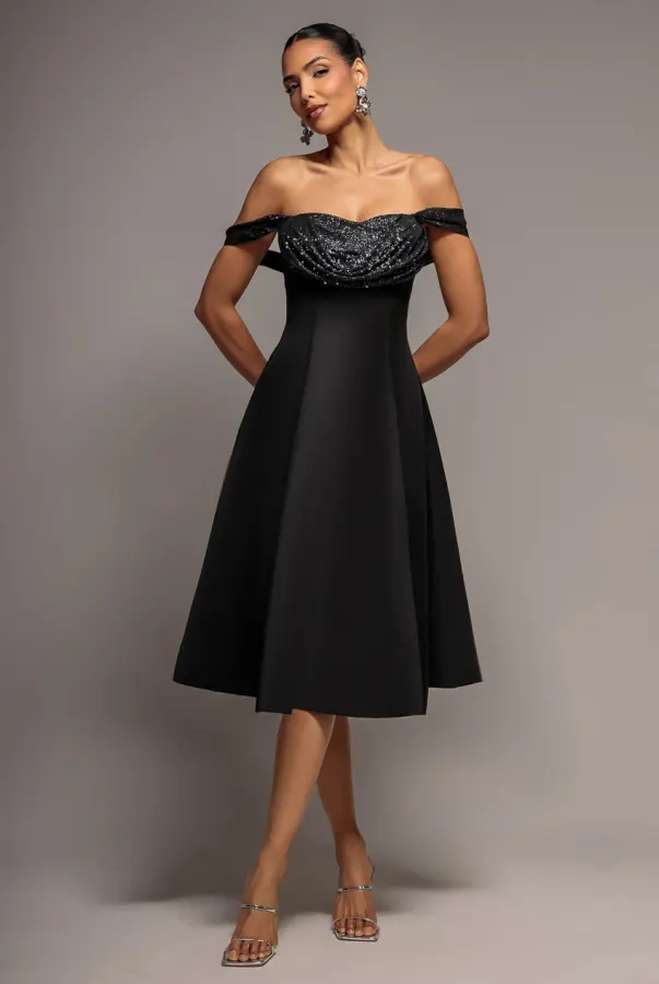 Sparkle Chiffon Cowl Bardot Skater Midi Dress - Black by Goddiva
