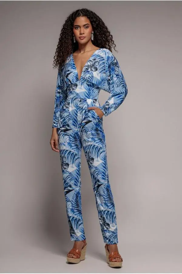 Tropical Print Jumpsuit - Blue by Goddiva