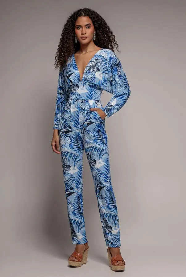 Tropical Print Jumpsuit - Blue by Goddiva