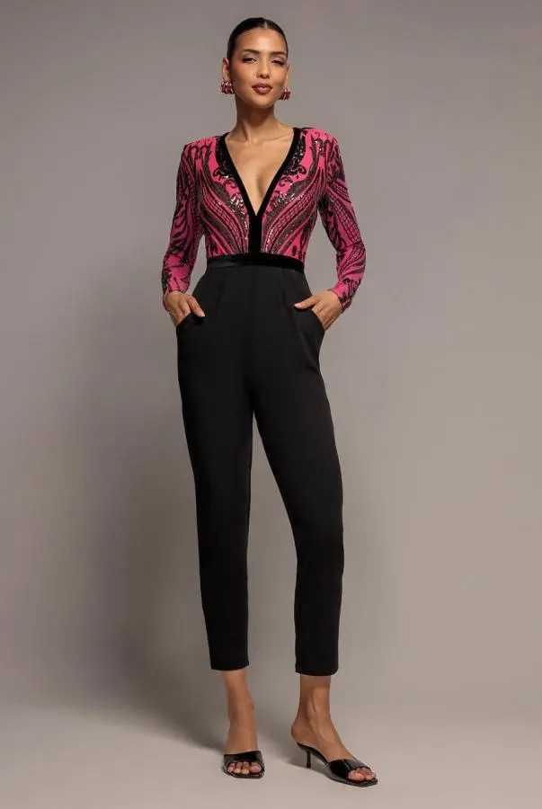 Deep V Neck Sequin Embroidered Jumpsuit - Cerise by Goddiva