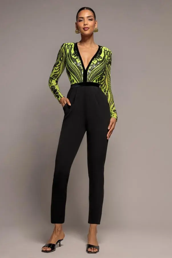 Deep V Neck Sequin Embroidered Jumpsuit - Lime by Goddiva