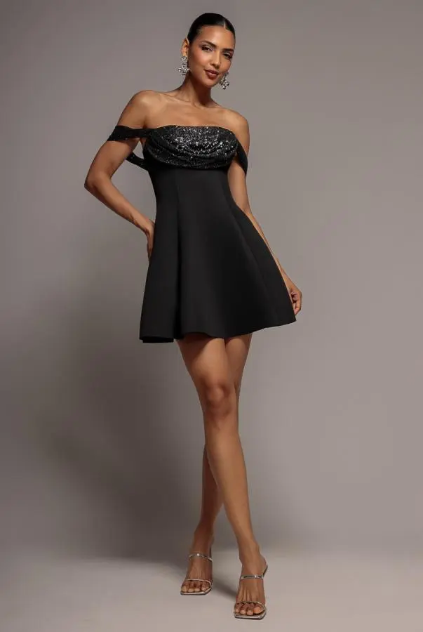 Sparkle Chiffon Cowl Bardot Skater Mini Dress - Black by Goddiva