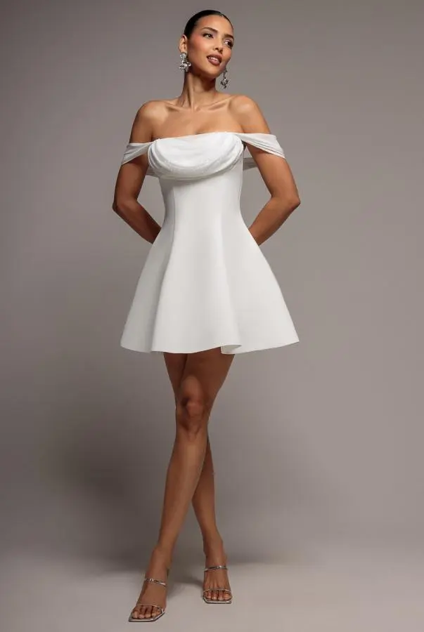 Sparkle Chiffon Cowl Bardot Skater Mini Dress - Cream by Goddiva