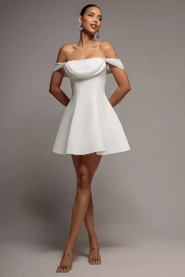 Sparkle Chiffon Cowl Bardot Skater Mini Dress - Cream by Goddiva