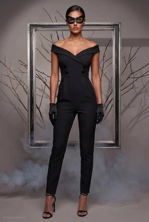 Off The Shoulder Jumpsuit Catwoman-Inspired Halloween Costume - Black by Goddiva