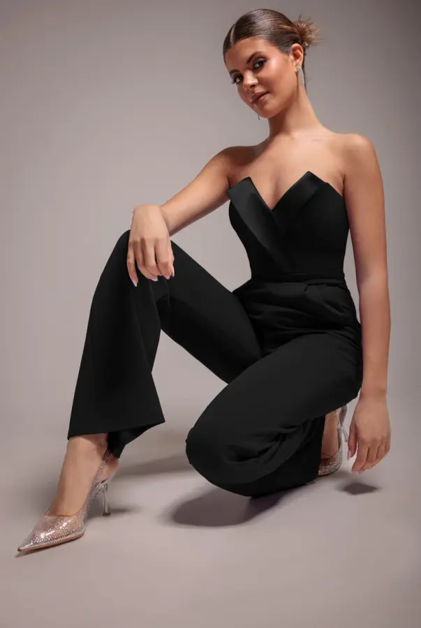 Satin Collar Scuba Jumpsuit - Black by Goddiva
