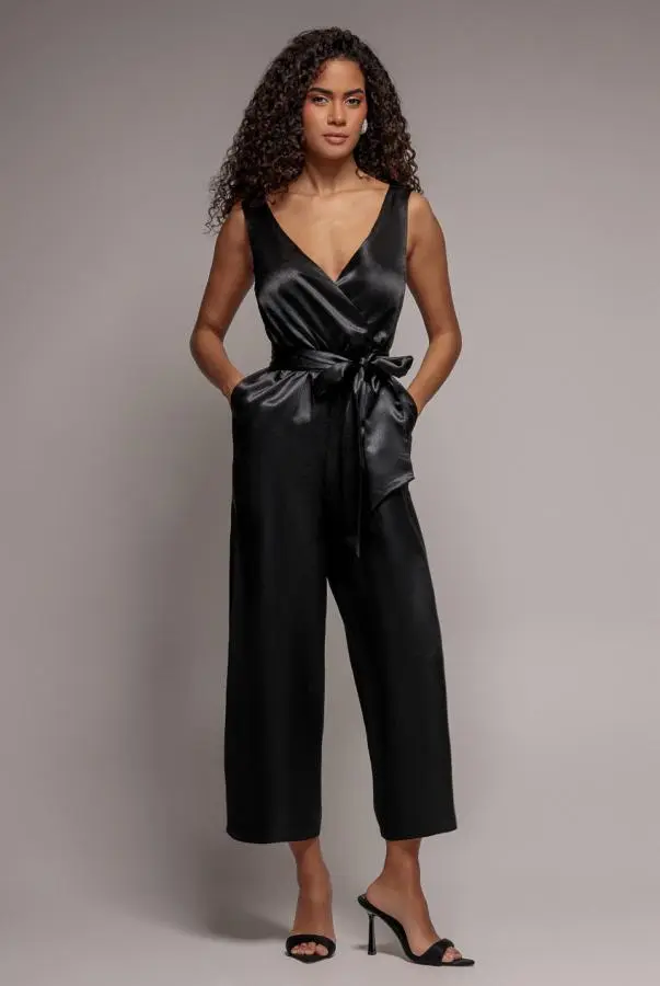 Satin Culotte Jumpsuit - Black by Goddiva