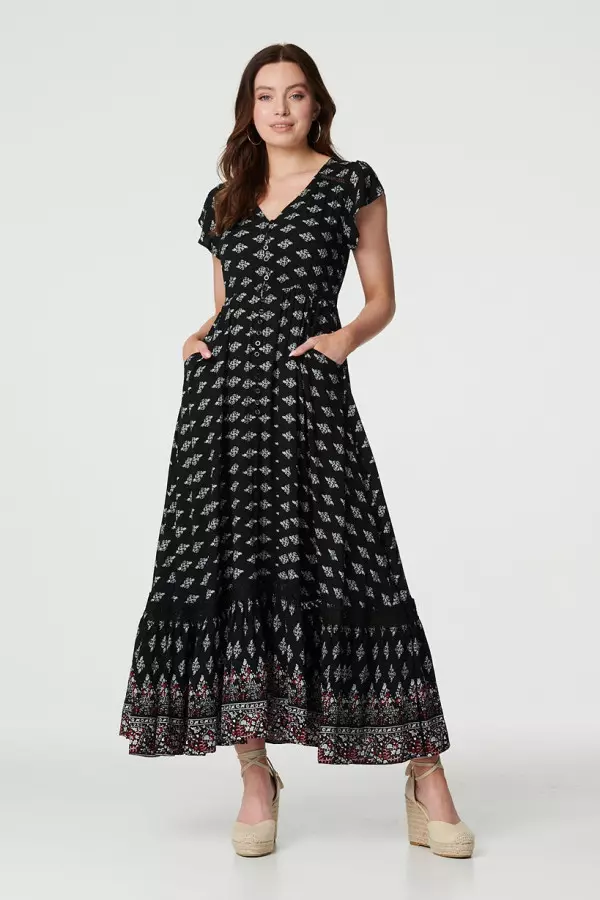 Printed V-Neck Lace Hem Maxi Dress In Black