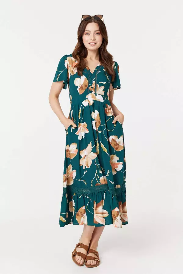 Floral Lace Trim A-Line Midi Dress In Green