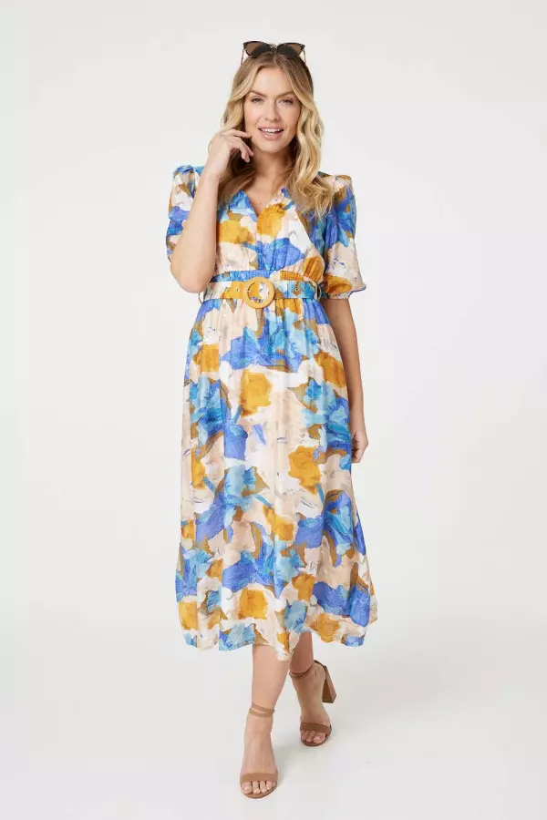 Printed 1/2 Sleeve Belted Midi Dress