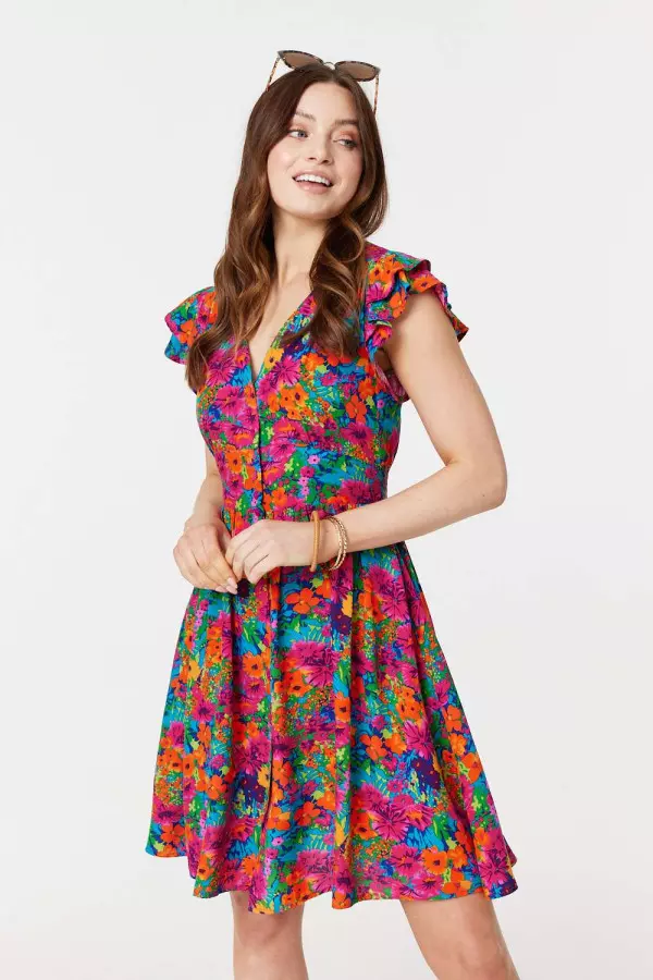Floral V=Neck Frilled Sleeve Short Dress
