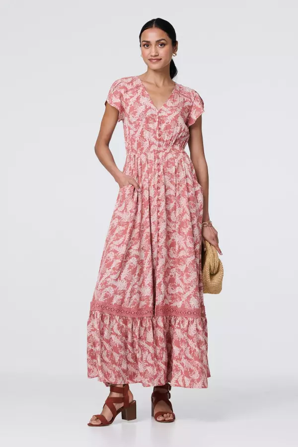 Paisley Print A-Line Tiered Maxi Dress in Burgundy