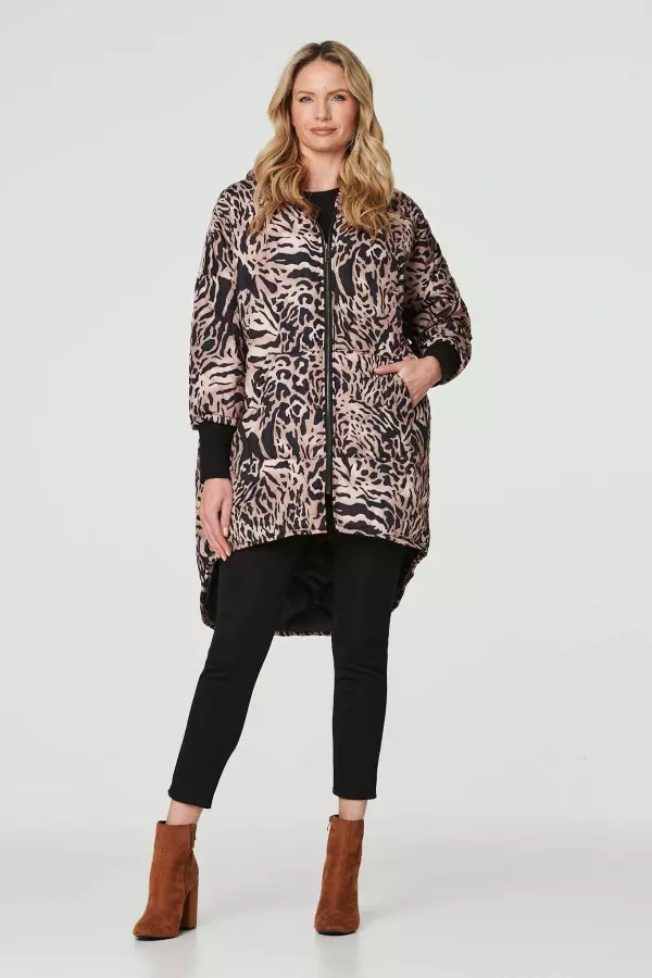 Printed Zip Front High Low Coat