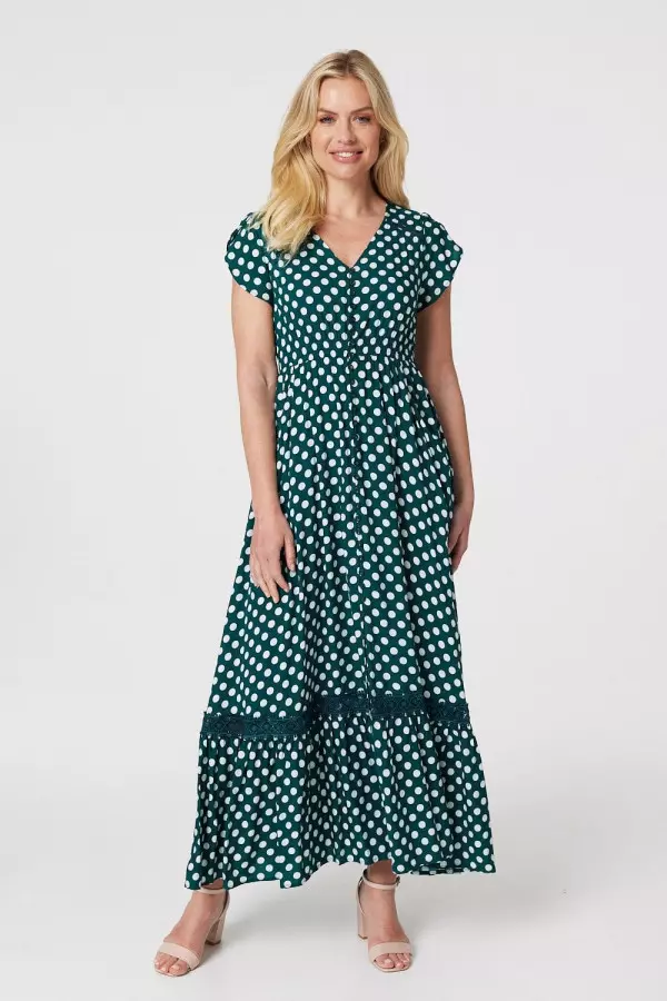 Polka Dot Lace Trim Maxi Dress