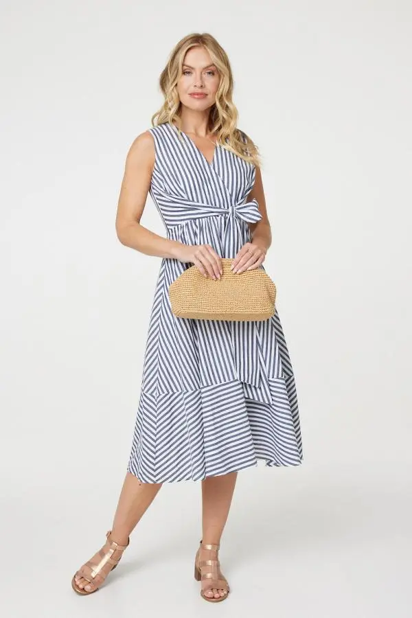 Striped Tie Waist Tiered Midi Dress