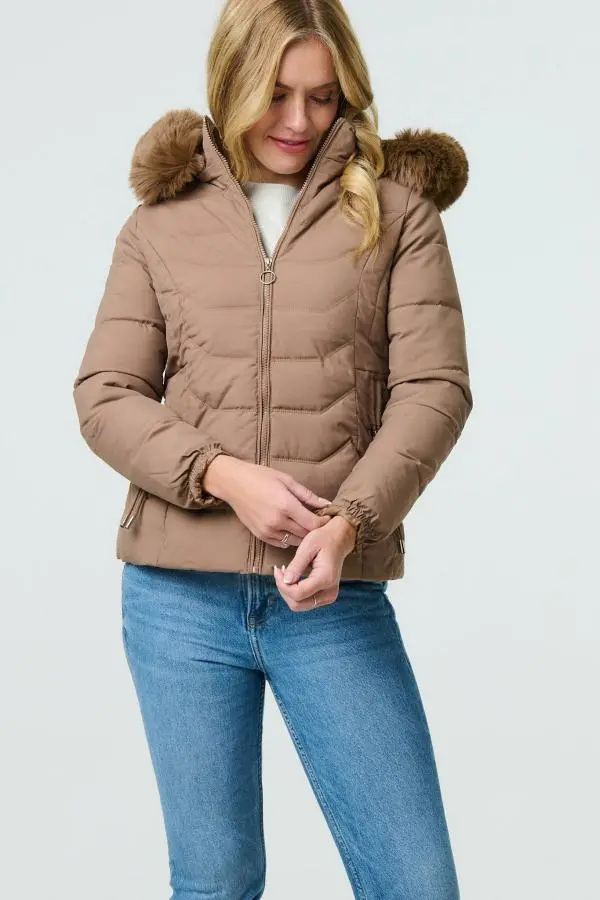 Faux Fur Hooded Zip-Up Puffer Jacket