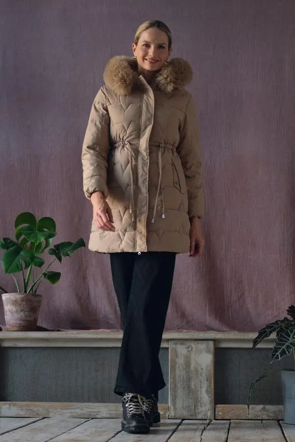 Faux Fur Hooded Tie Waist Puffer Jacket