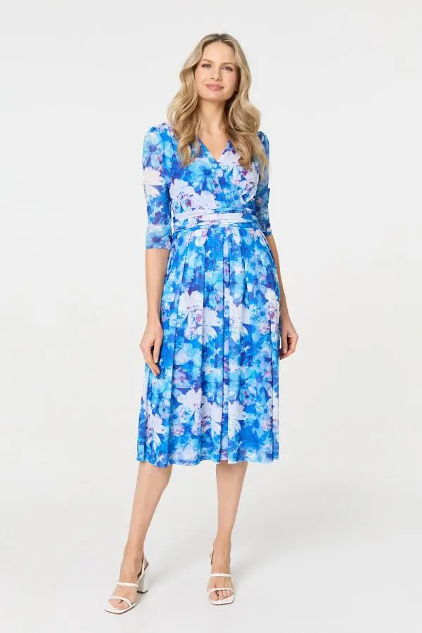 Floral Mesh Pleated Faux Wrap Midi Dress